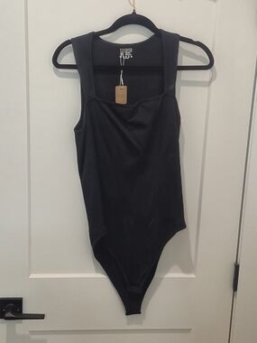 Black Stretch Square-Neck Bodysuit Ribbed
